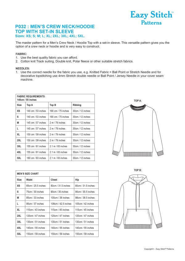 P032-PDF ~ MEN’S CREW NECK/HOODIE TOP WITH SET-IN SLEEVE - Image 2