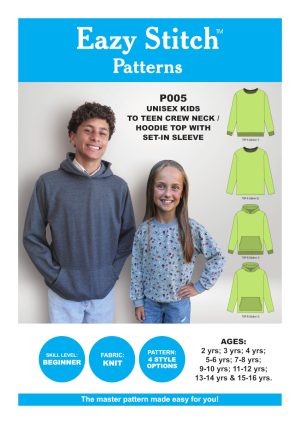 P005-PDF ~ UNISEX KIDS TO TEEN CREW NECK / HOODIE TOP WITH SET-IN SLEEVE