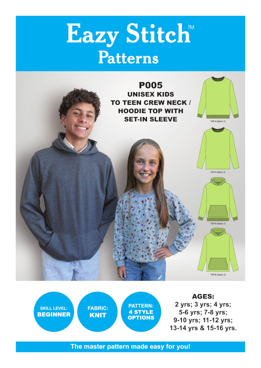 P005-PDF ~ UNISEX KIDS TO TEEN CREW NECK / HOODIE TOP WITH SET-IN SLEEVE