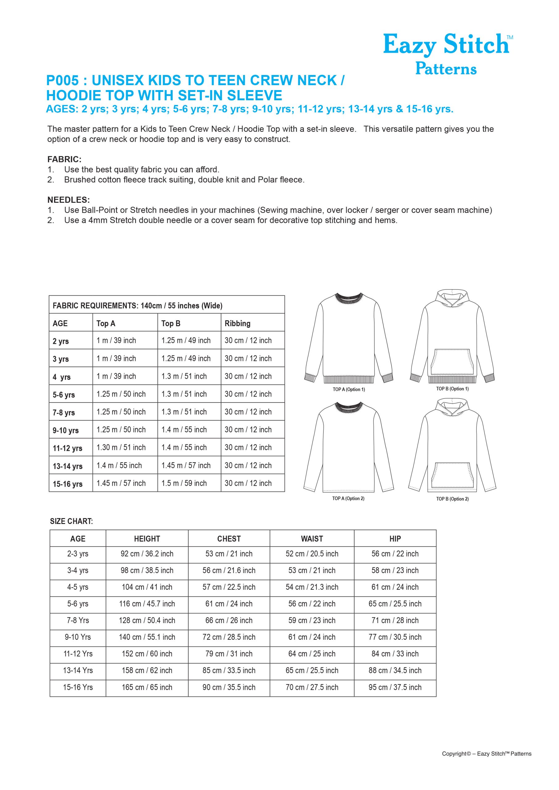 P005-PDF ~ UNISEX KIDS TO TEEN CREW NECK / HOODIE TOP WITH SET-IN SLEEVE - Image 2